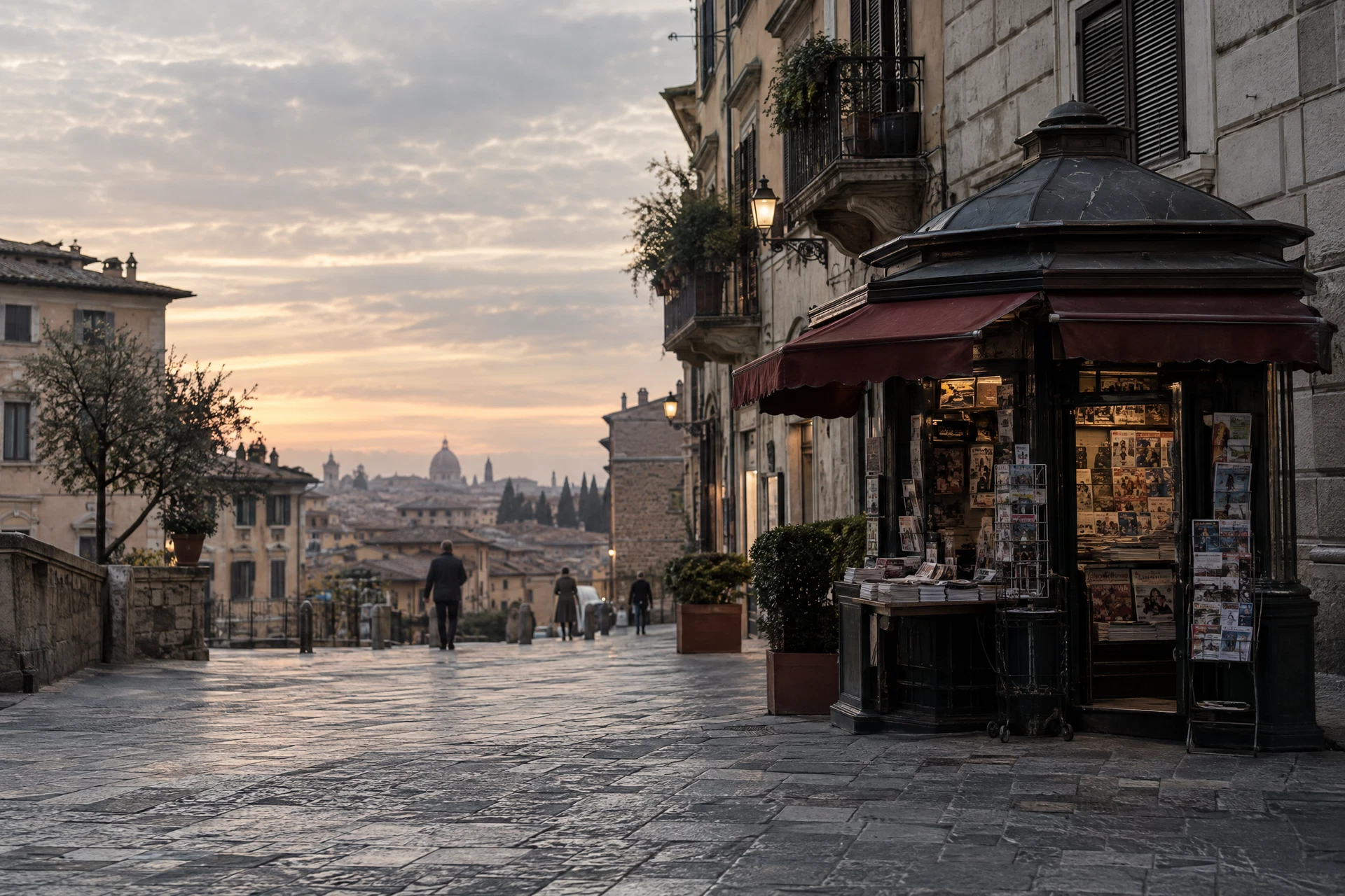 Una strada italiana al mattino, con un’edicola e persone sullo sfondo